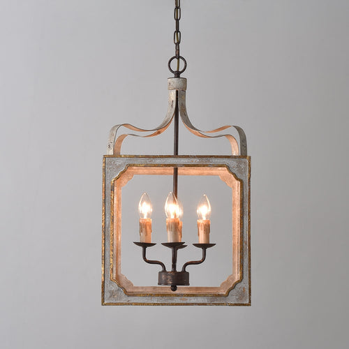 Light French Lantern Pendant Chandelier – Antique Gray Wood & Metal