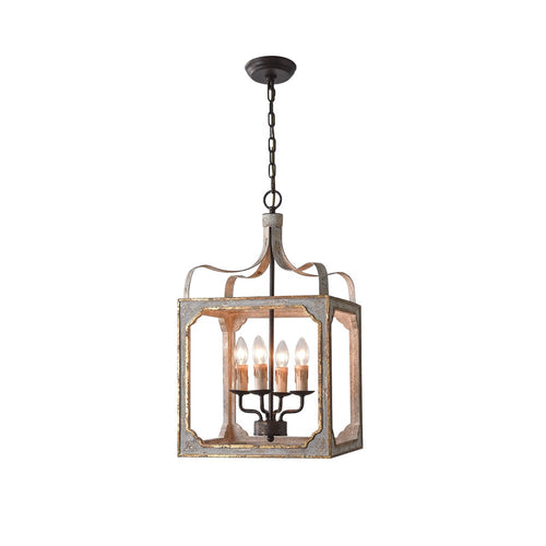 Light French Lantern Pendant Chandelier – Antique Gray Wood & Metal
