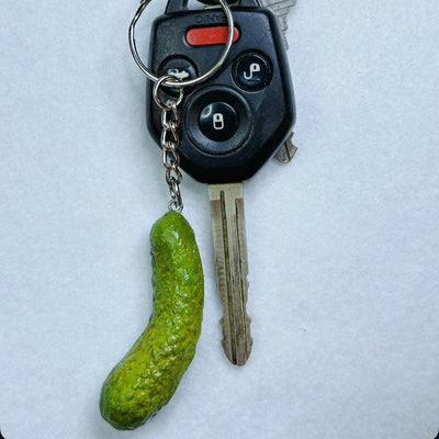 Pickle keychain attached to a car key fob