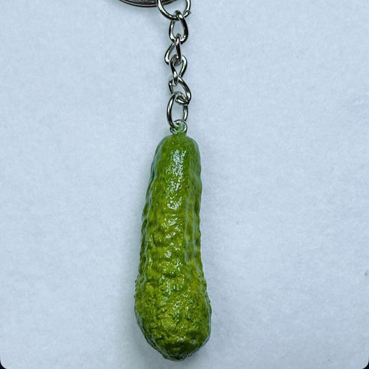 Gherkin pickle keychain on silver chain and ring