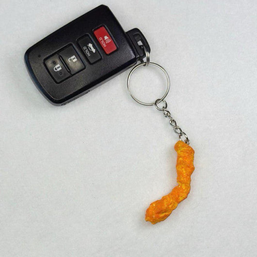 Realistic Cheeto keychain on a car key fob